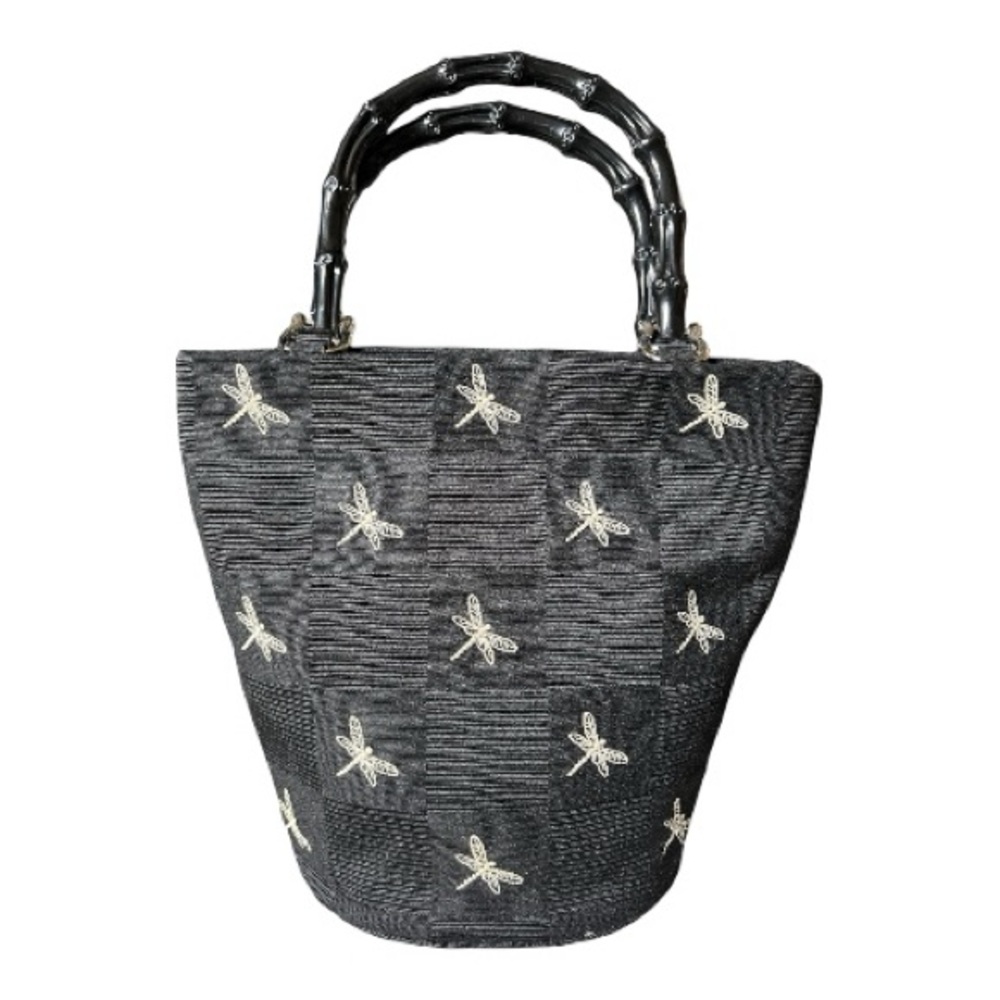 Talbots Vintage Black Embroidered Dragonfly Tote Bag with Bamboo-Style Handles